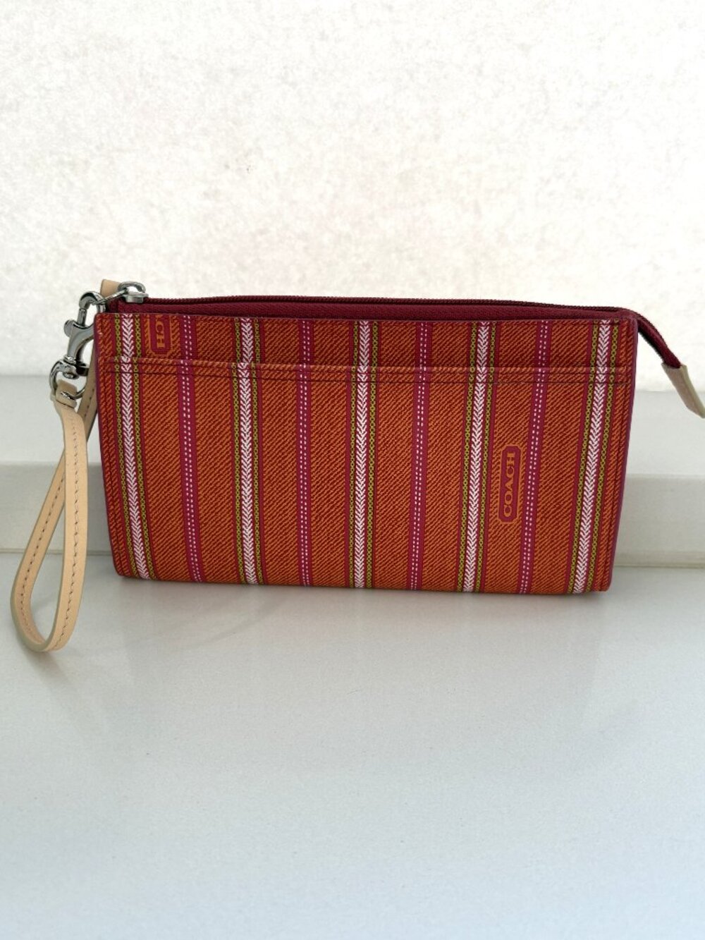 Coach Legacy Weekend Ticking Zippy Wallet Stripe Pink Lime Orange 49316 NEW